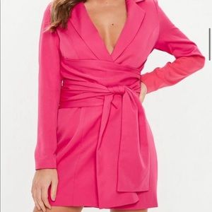 Hot pink wrap belted blazer dress